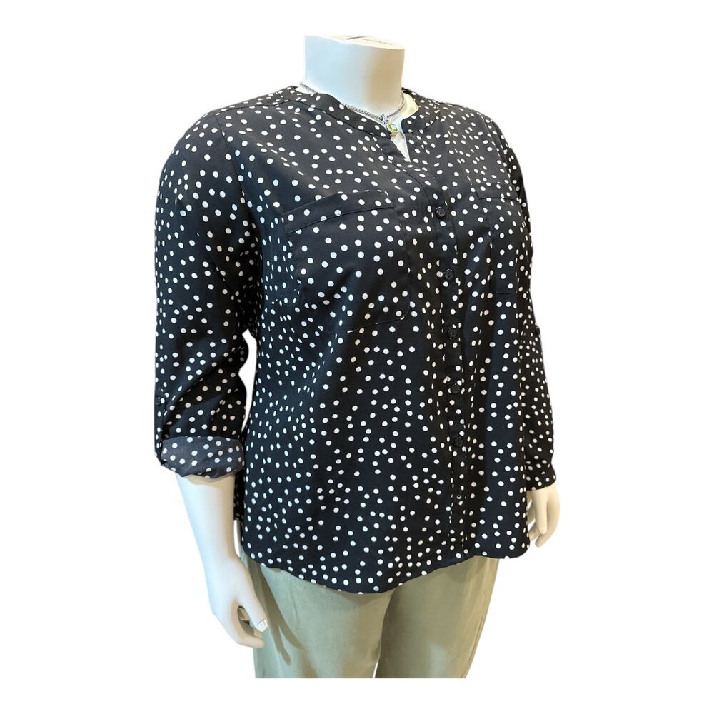 Notations Black & White Polka Dot Button Long Roll-Tab Sleeve Top Women's 2XL